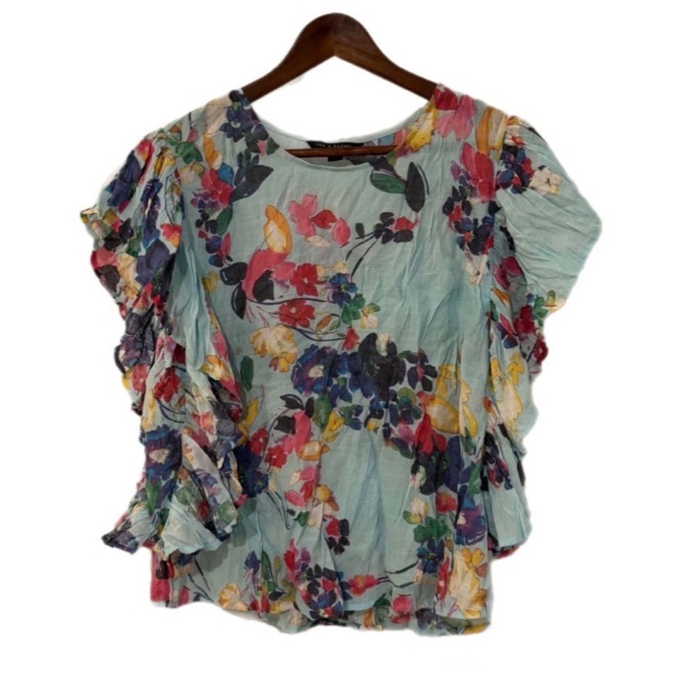 Zac & Rachel Floral Blouse Womens Small Blue Multicolor Ruffle Sleeve Excellent
